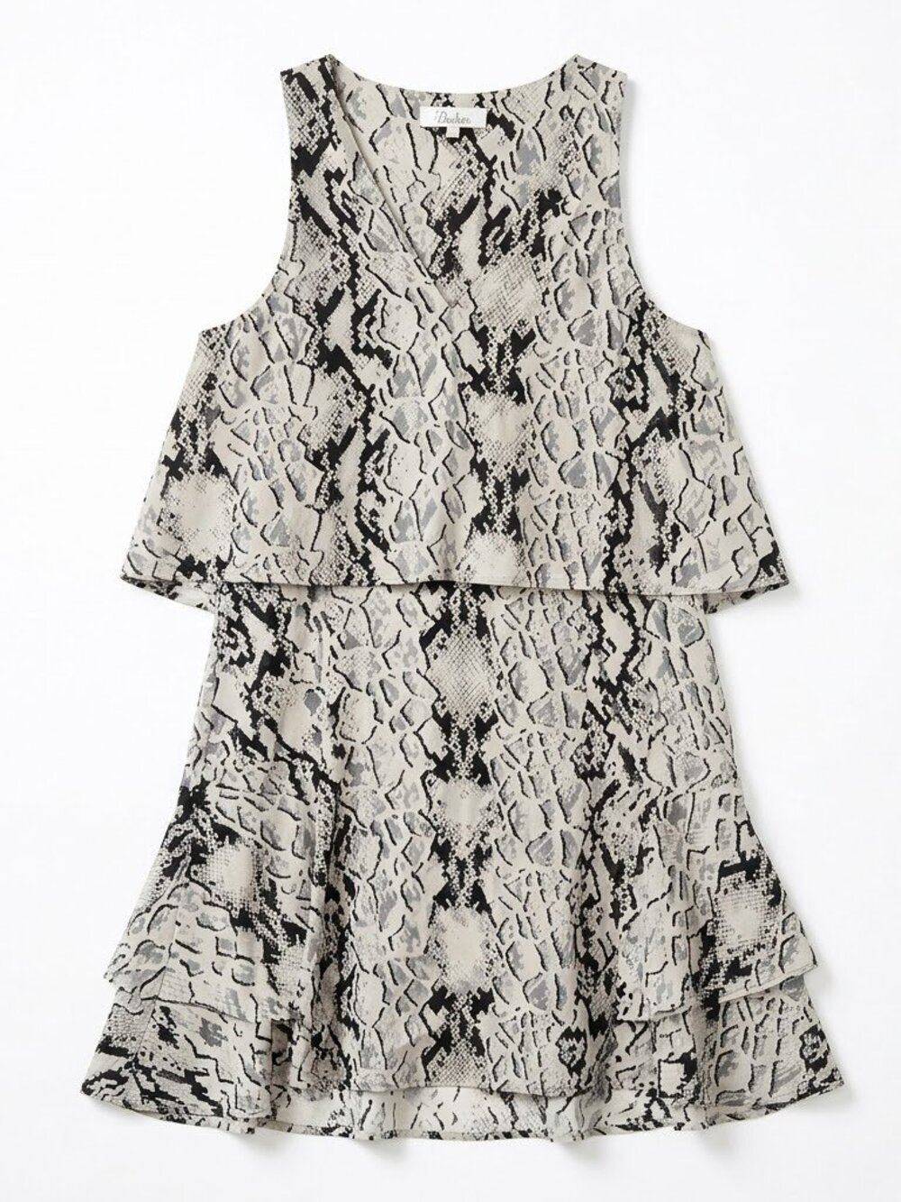 Parker NYC 100% Silk Snakeskin Print Dress Medium Tiered Ruffle Sleeveless Mini